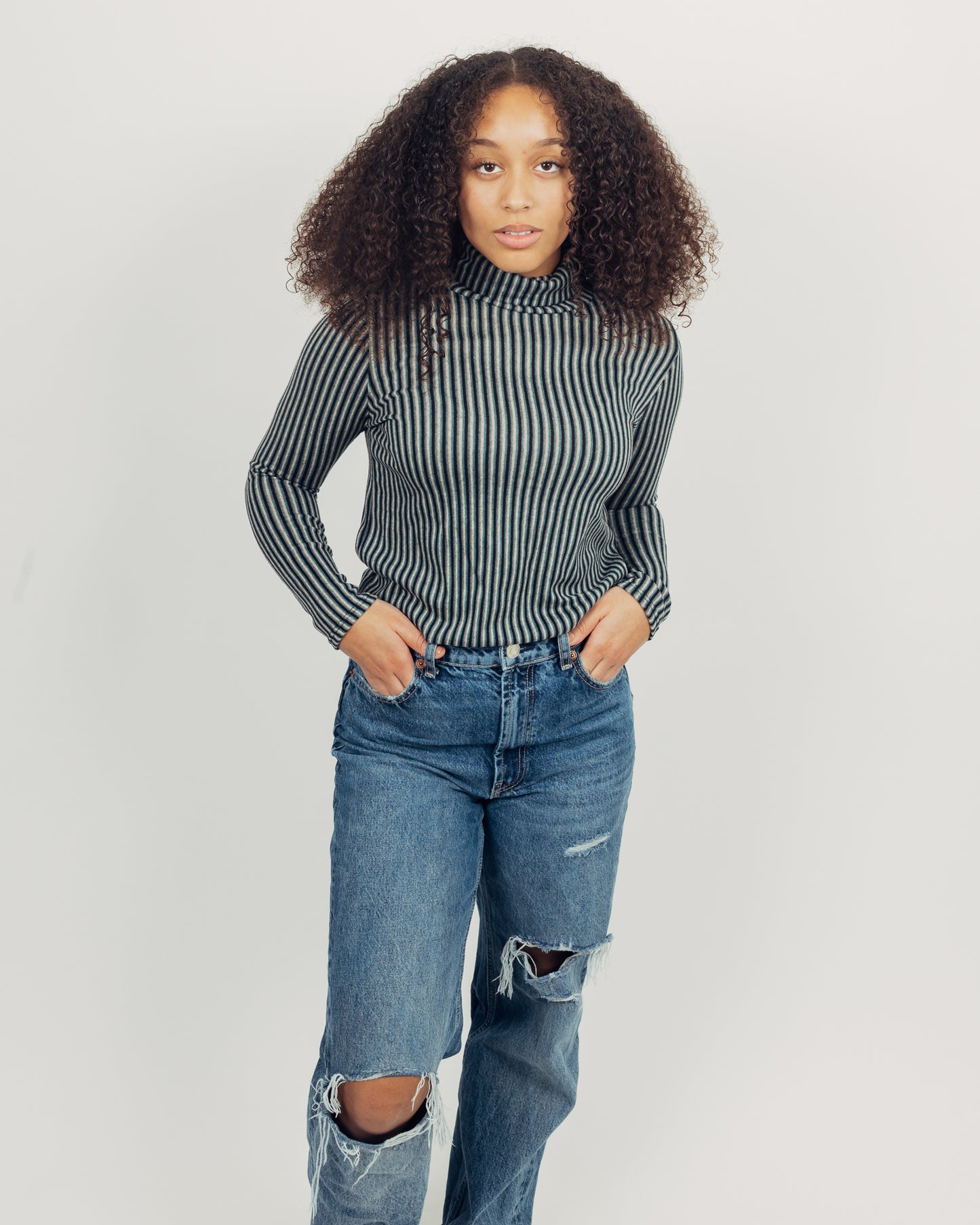 Striped Turtleneck || Teal