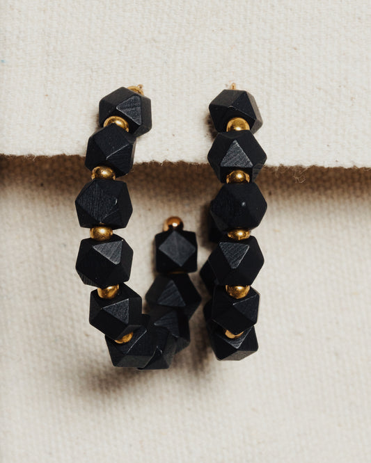 Geo Cube Bead Open Hoop Earrings || Black