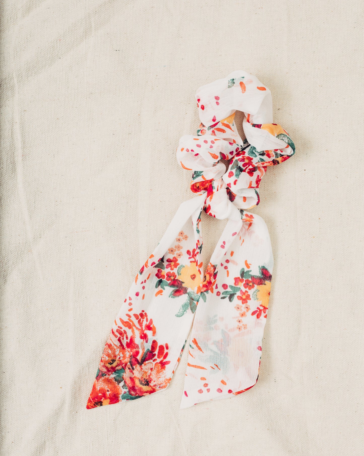 White, Pink, and Yellow Floral Bow Scrunchie