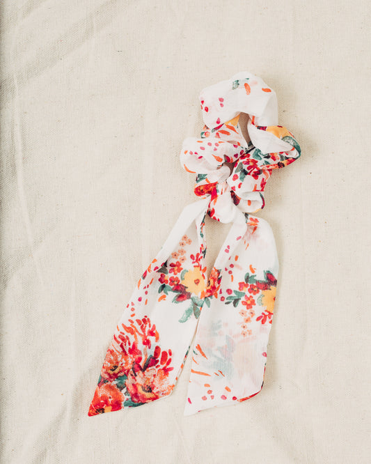 White, Pink, and Yellow Floral Bow Scrunchie