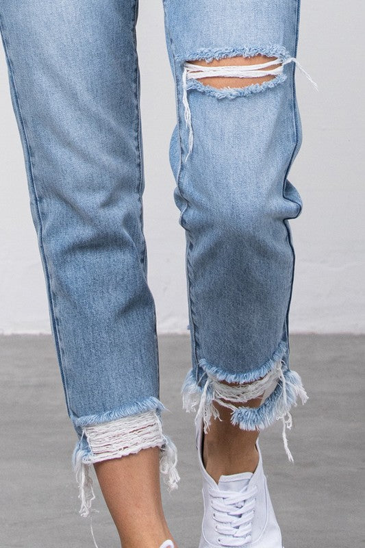 High Waist Ripped Frayed Hem Tapered Jeans