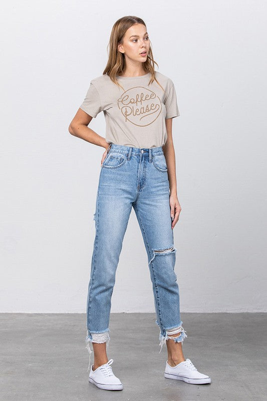 High Waist Ripped Frayed Hem Tapered Jeans