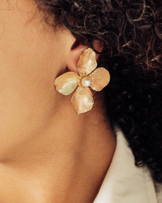 Gold and Pearl Flower Stud Earrings