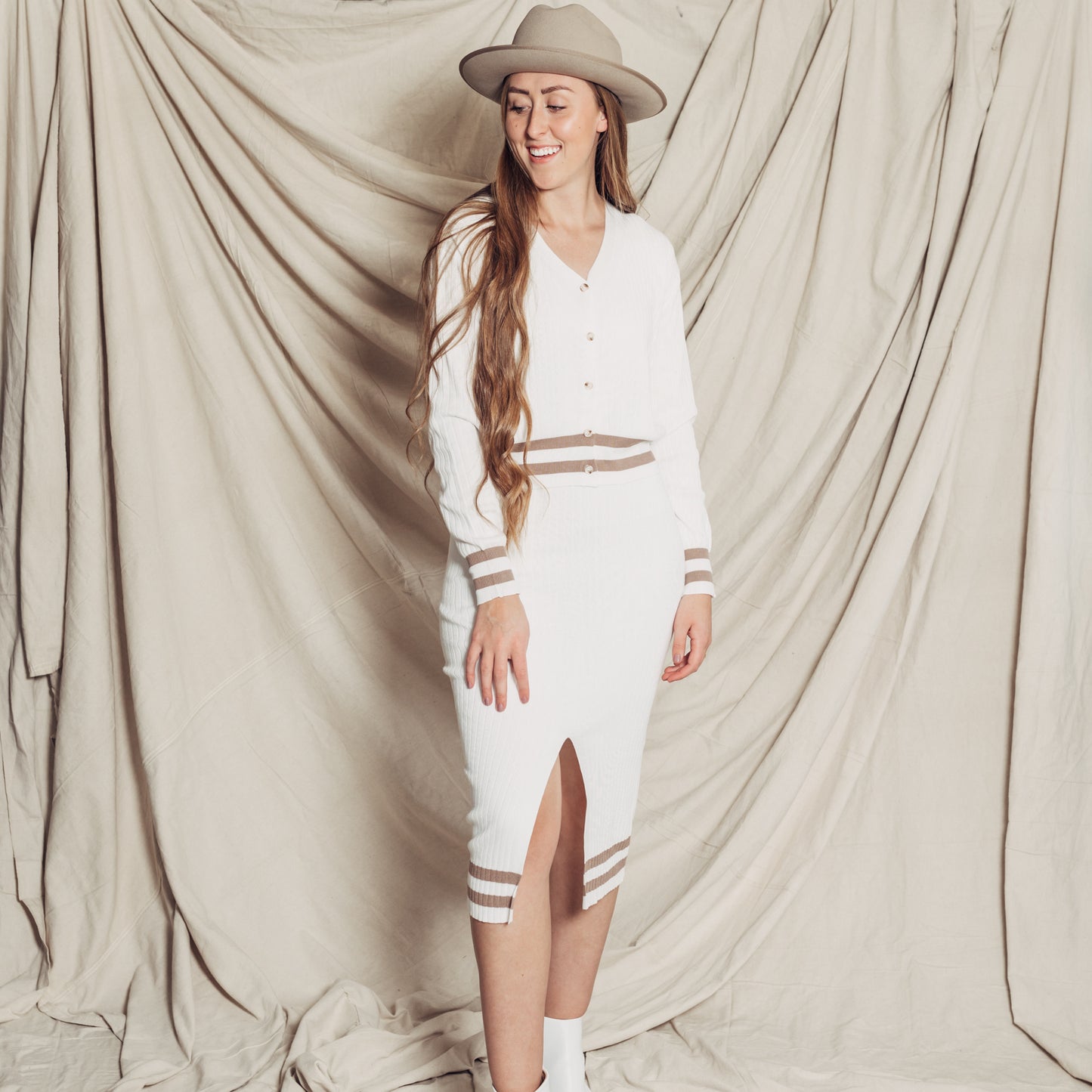 Clara Skirt + Cardigan Set || White