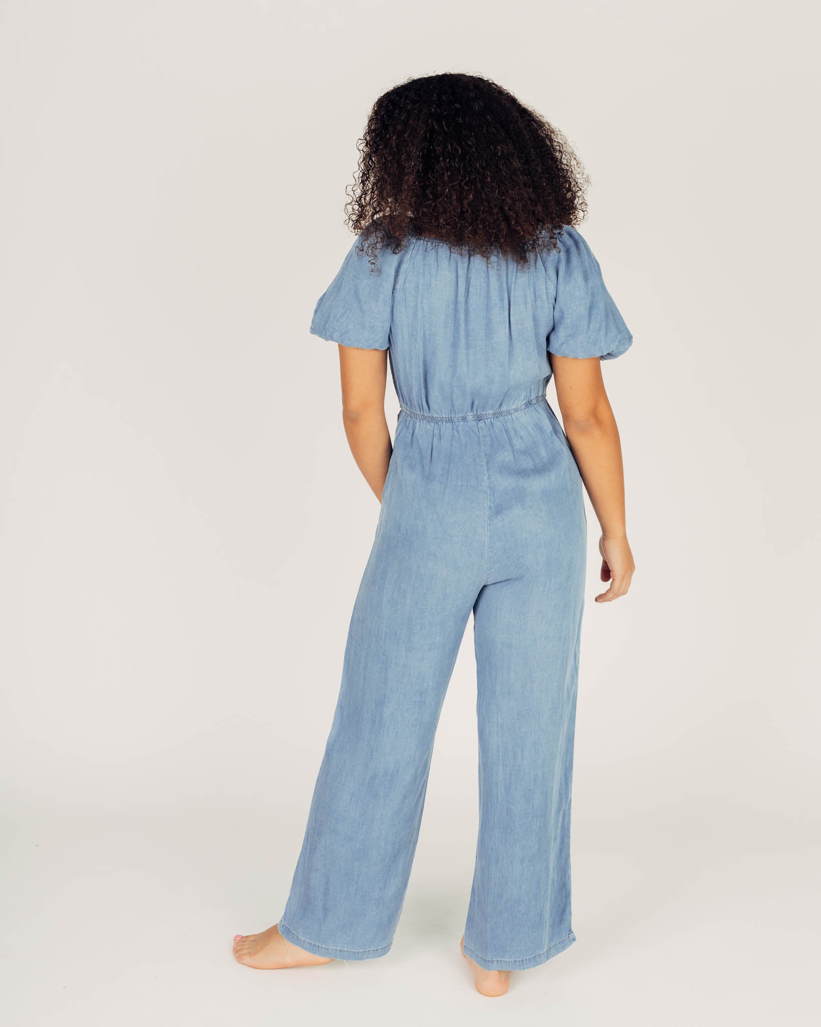 Only puff sleeve denim jumpsuit in light blue | ASOS