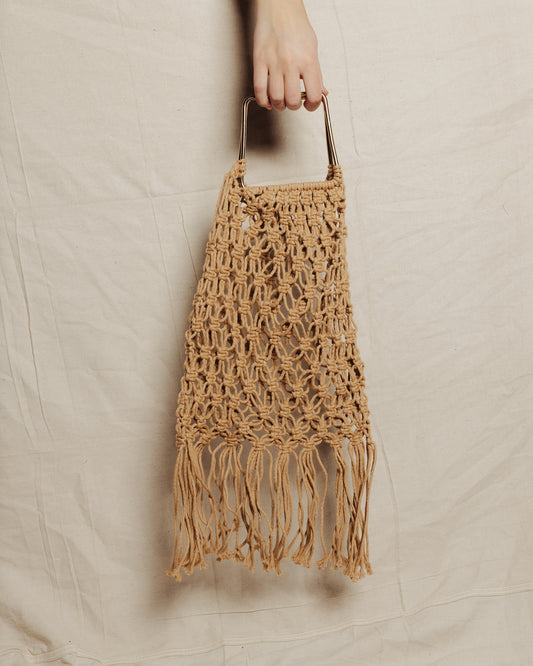 Crochet Knit Fringe Bag || Tan