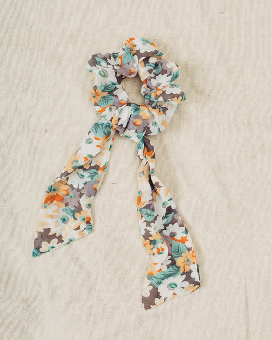 Teal, Grey, and Orange Floral Bow Scrunchie