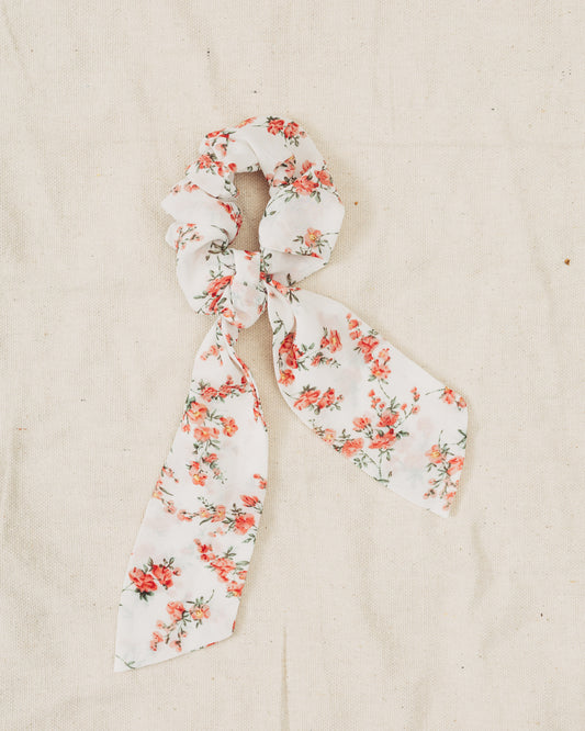 Pink and White Floral Bow Scrunchie