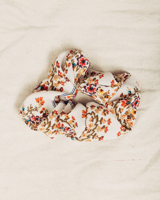 Ivory and Brown Floral Scrunchie